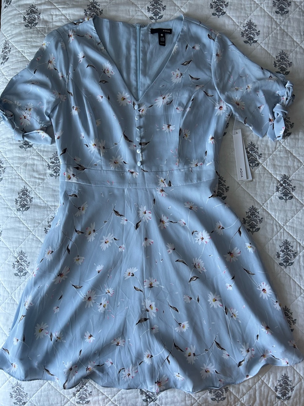 NWT Aqua Light Blue Floral V-Neck Dress